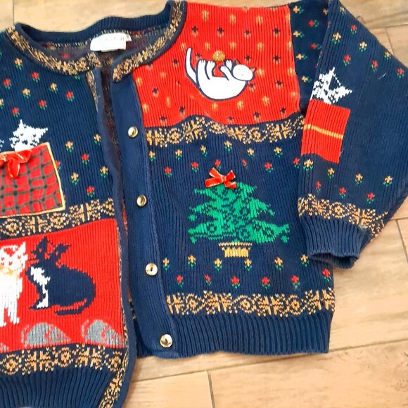 Vintage Sweater Loft Cat Cardigan Sweater Women's Size S Small blue red READ - Picture 3 of 11